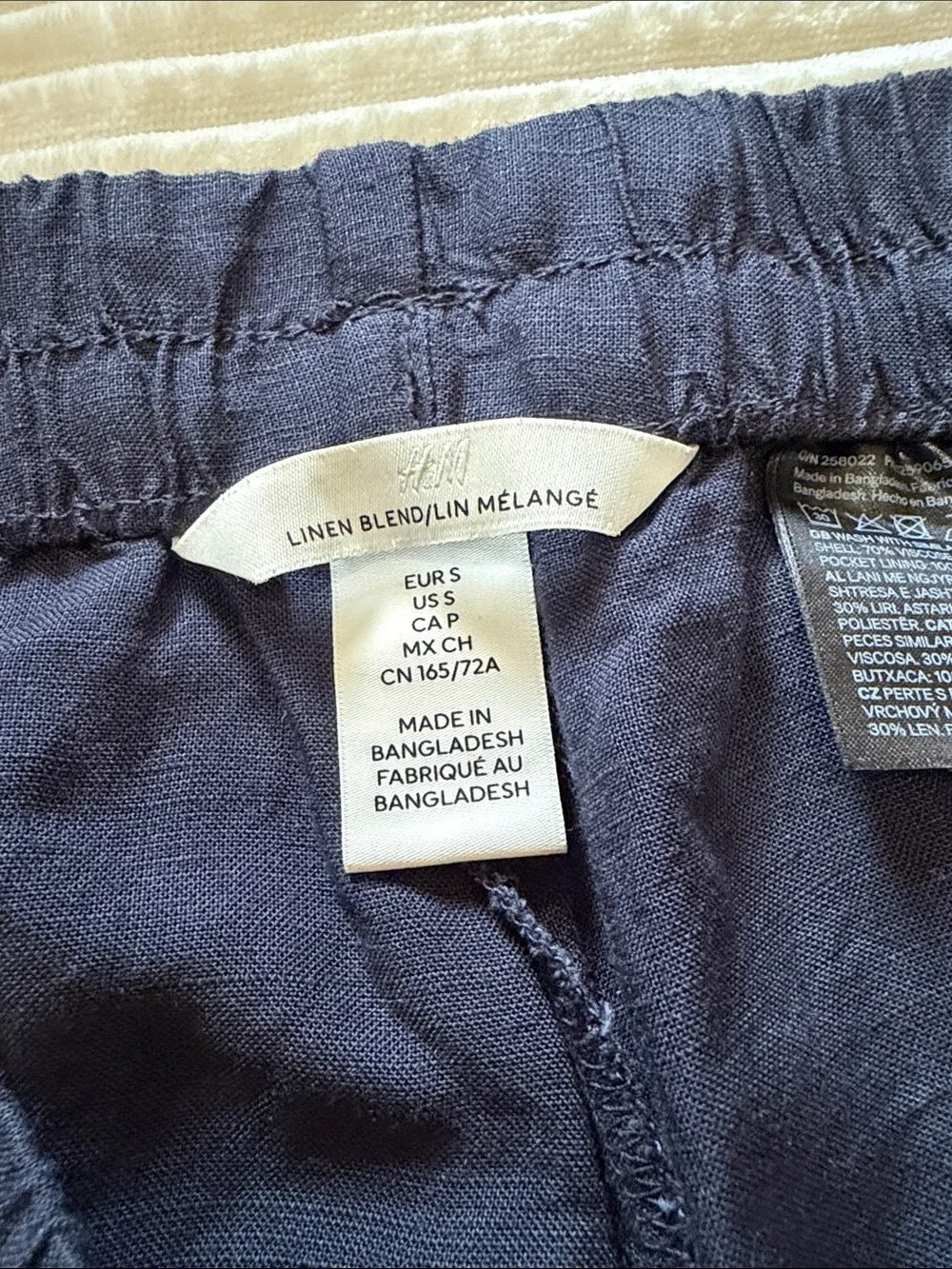 H&M Linen Blend Wide Leg Pants Pockets Drawstring Elastic Airy Flowy Navy S